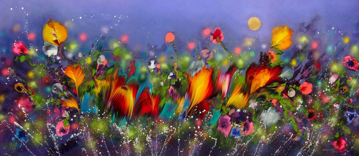 Abstract Botanical Acrylic Painting By Irini Karpikioti, 101 X 43, Evening Magic, Original Artwork