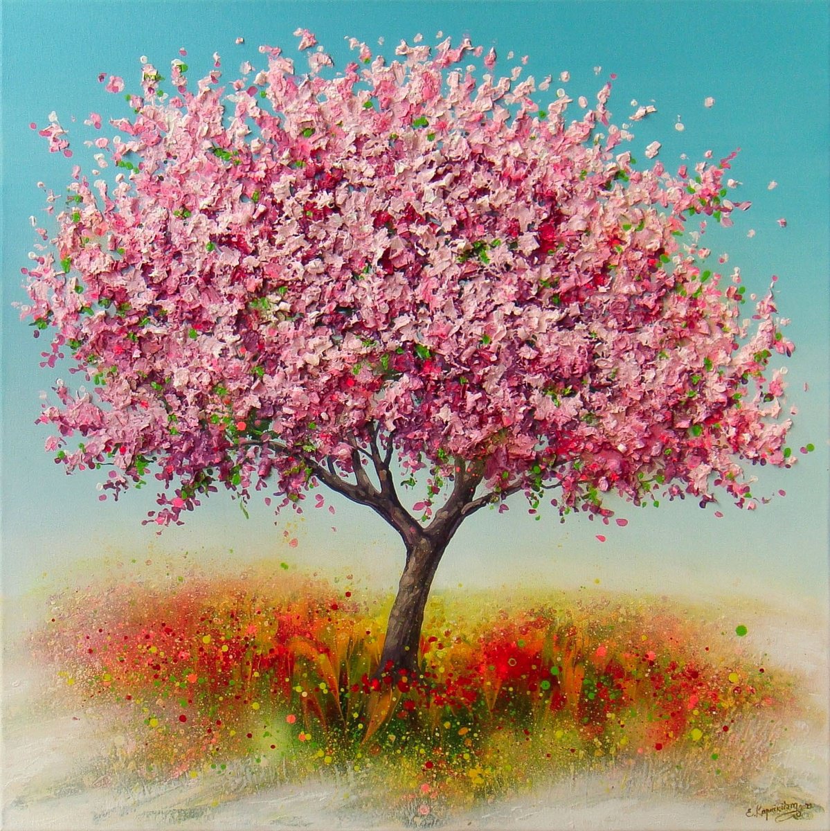 -?Spring Blooming Tree-? 35.4 Large Mixed Media Painting by Irini Karpikioti