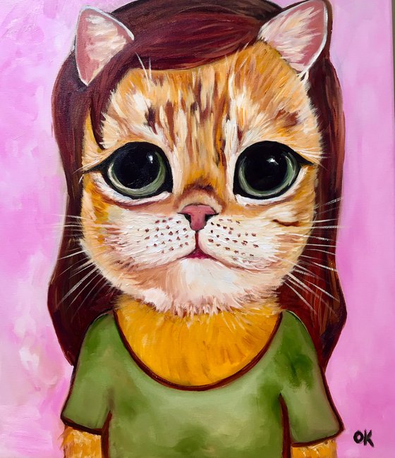 Cute big eyes ginger cat inspired by Yoshitomo Nara portraits.