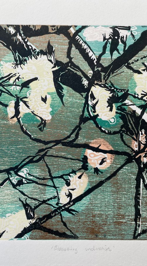 Blossoming Inclinations - Spring Blossom Contemporary Linocut Print by C Staunton