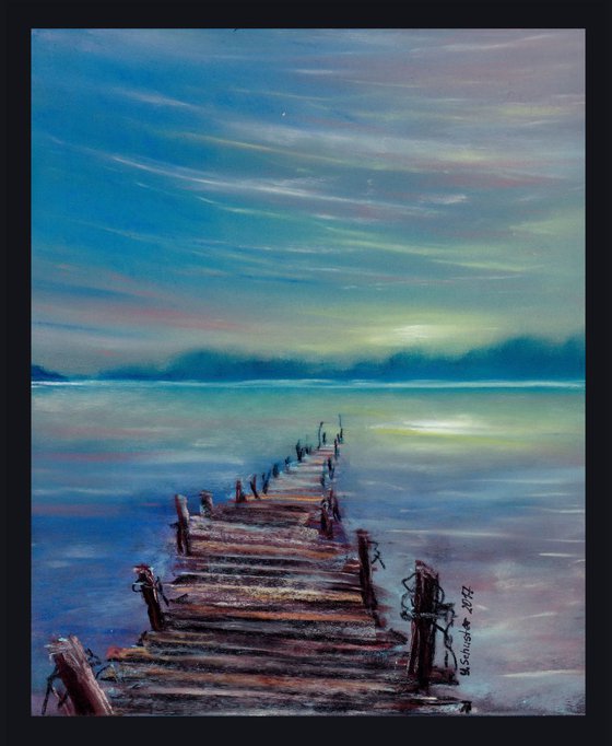 Night Pier.  Pastel painting.