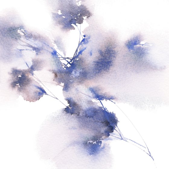 Blue flowers diptych. Watercolor painting set of 2