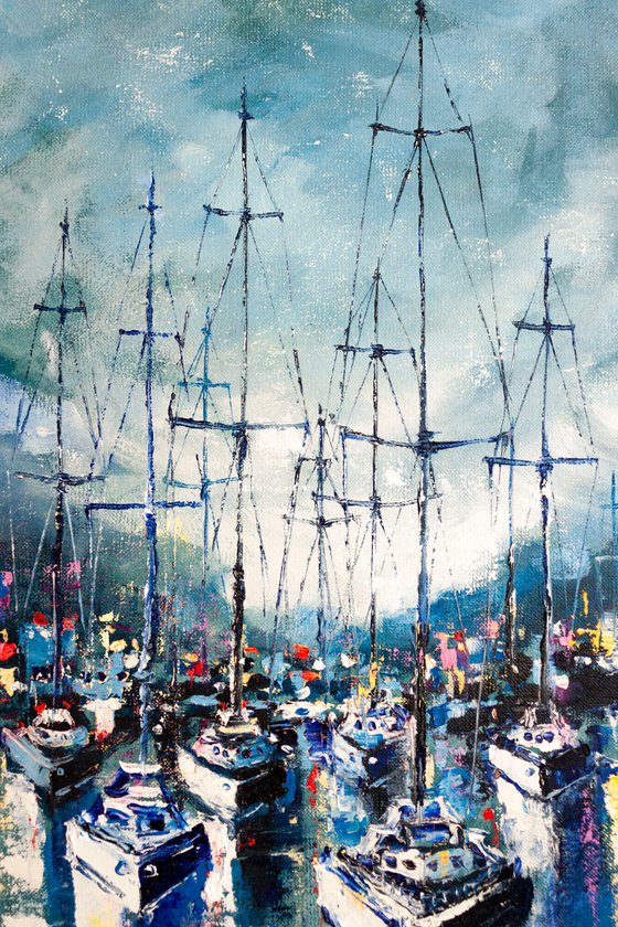 "Sailboats in the harbor" ,  ships , sky