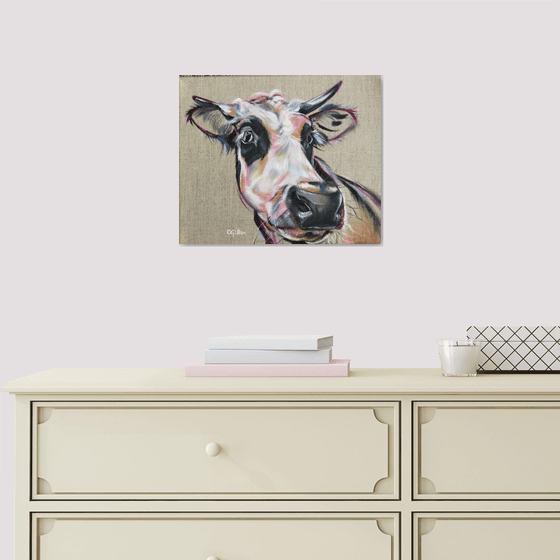 Horace - black & white cow calf heifer black eye patches original oil painting