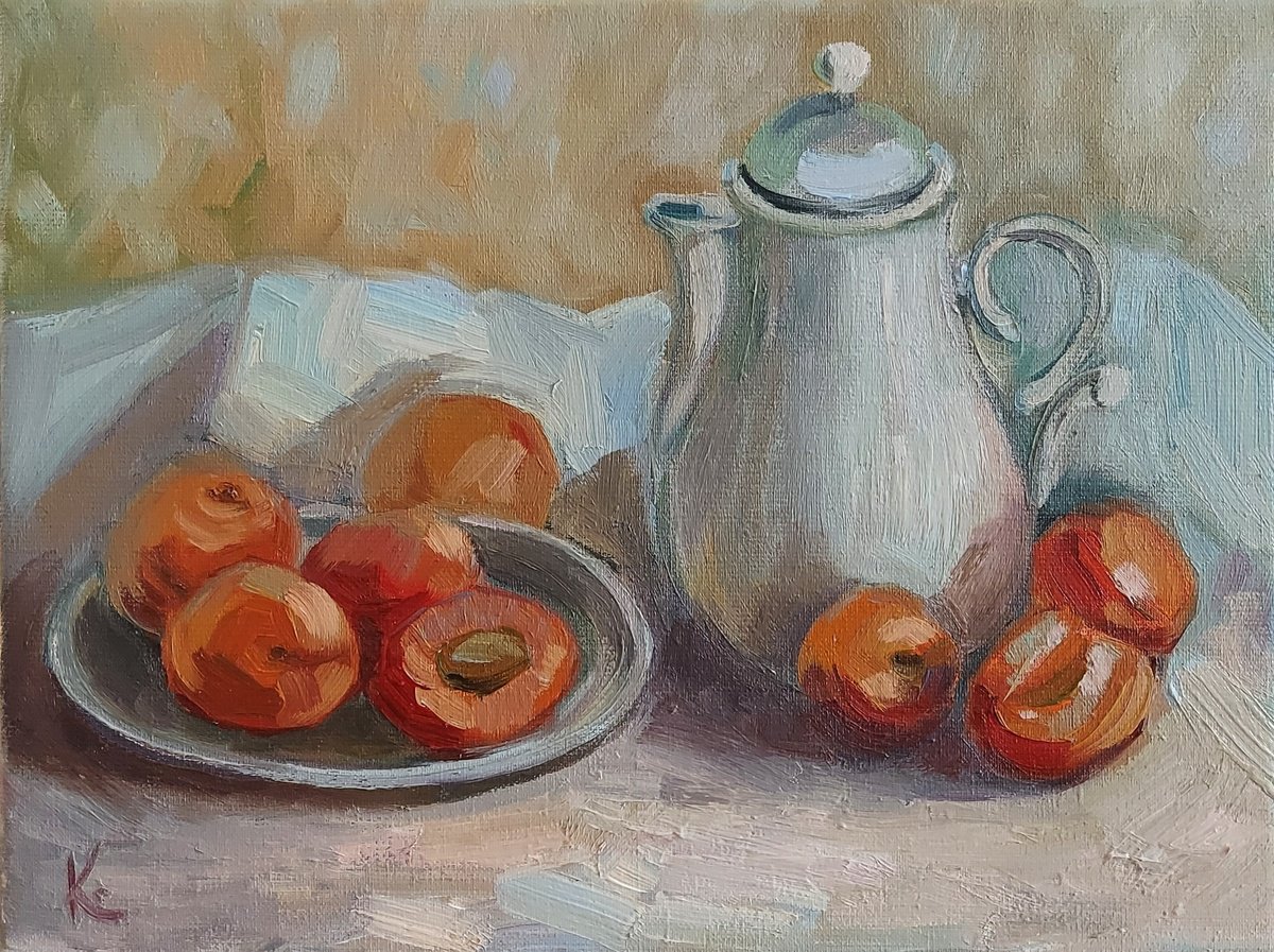 Impressionistic Still Life Oil Painting By Olena Kolotova, 16 X 12", "Teapot With Apricots", Original Artwork
