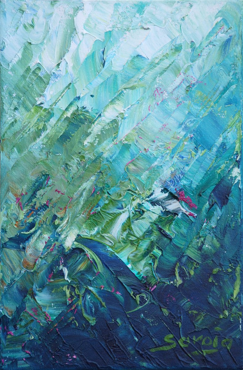 Abstract Landscape Oil Painting By Saroja Van Der Stegen, 6 X 9", Green Winter Ref#:1298-2P, Original Artwork