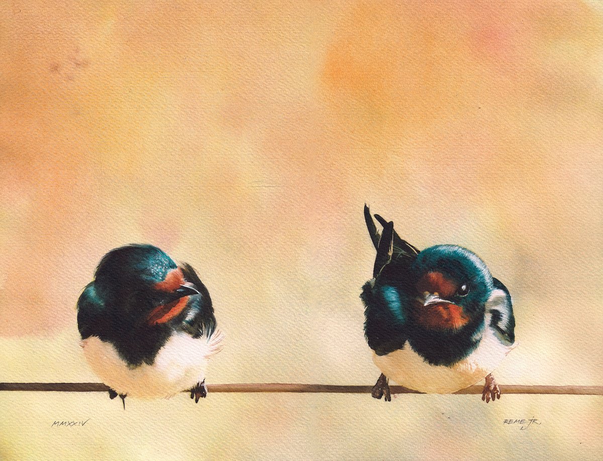Photorealistic Animal Watercolour By Reme Jr., 14 X 11", Swallows, Original Artwork