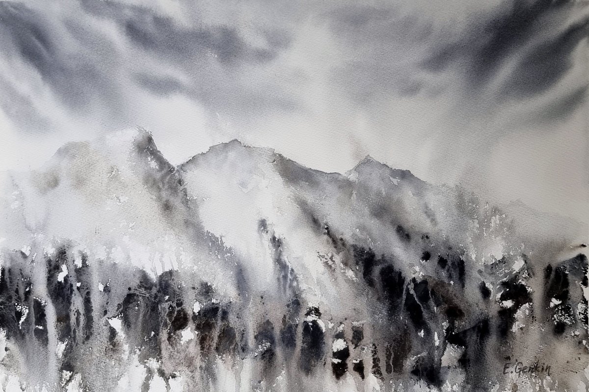 Impressionistic Landscape Watercolour By Elena Genkin, 22 X 15, Brutal Mountains, Original Artwork
