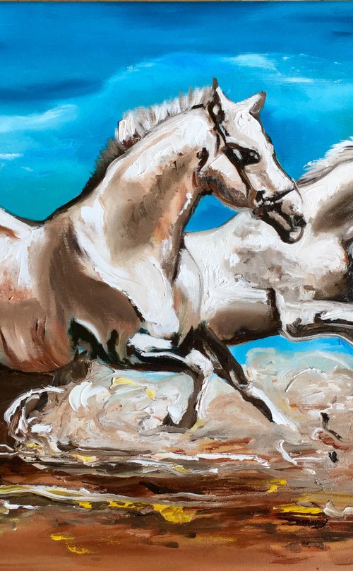 Wild  horses couldn’t drag me away. Galloping horses, sunny day, blue sky, landscape by Olga Koval