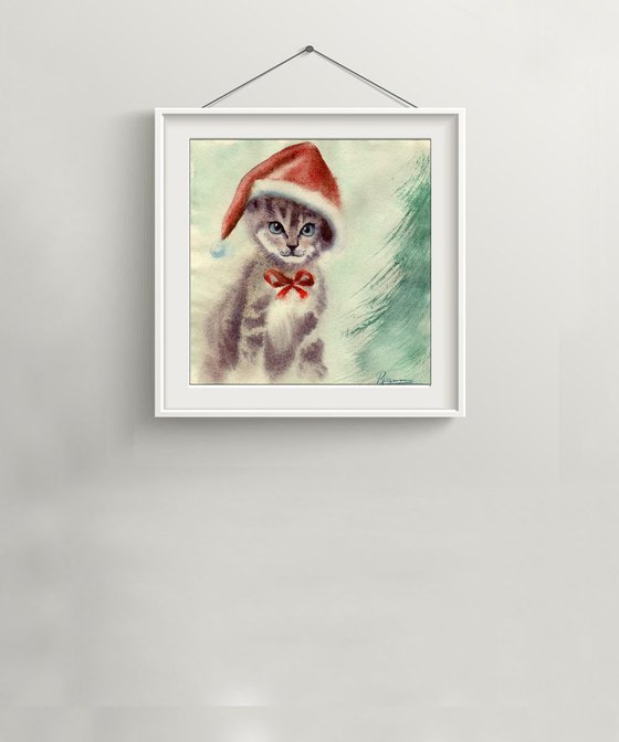 Original Watercolor Cat in the hat Painting