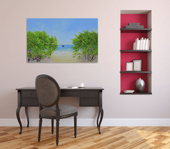 COASTAL PARADISE. SANIBEL ISLAND BEACH. Tropical Island Seascape Painting of Florida Beach and Fishing Boat.