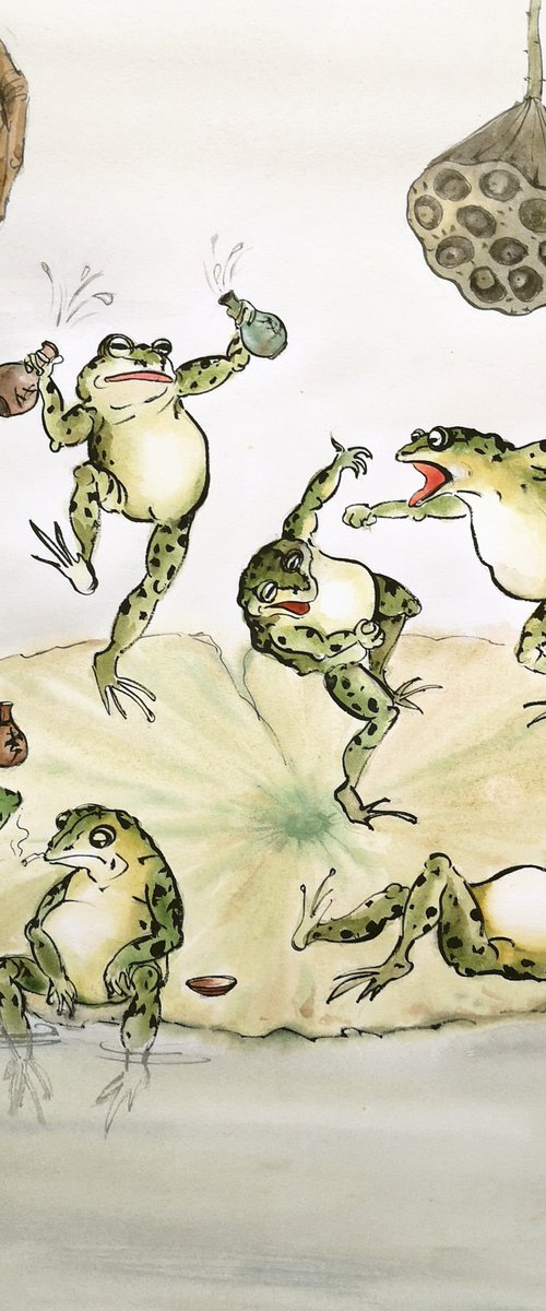 Six Drunken Frogs who are part by Olga Beliaeva Watercolour