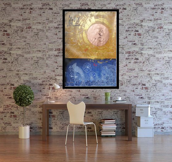 Koi Fish butterfly Hieroglyph painting 110×160 cm acrylic B083 on unstretched canvas art original artwork in japanese style