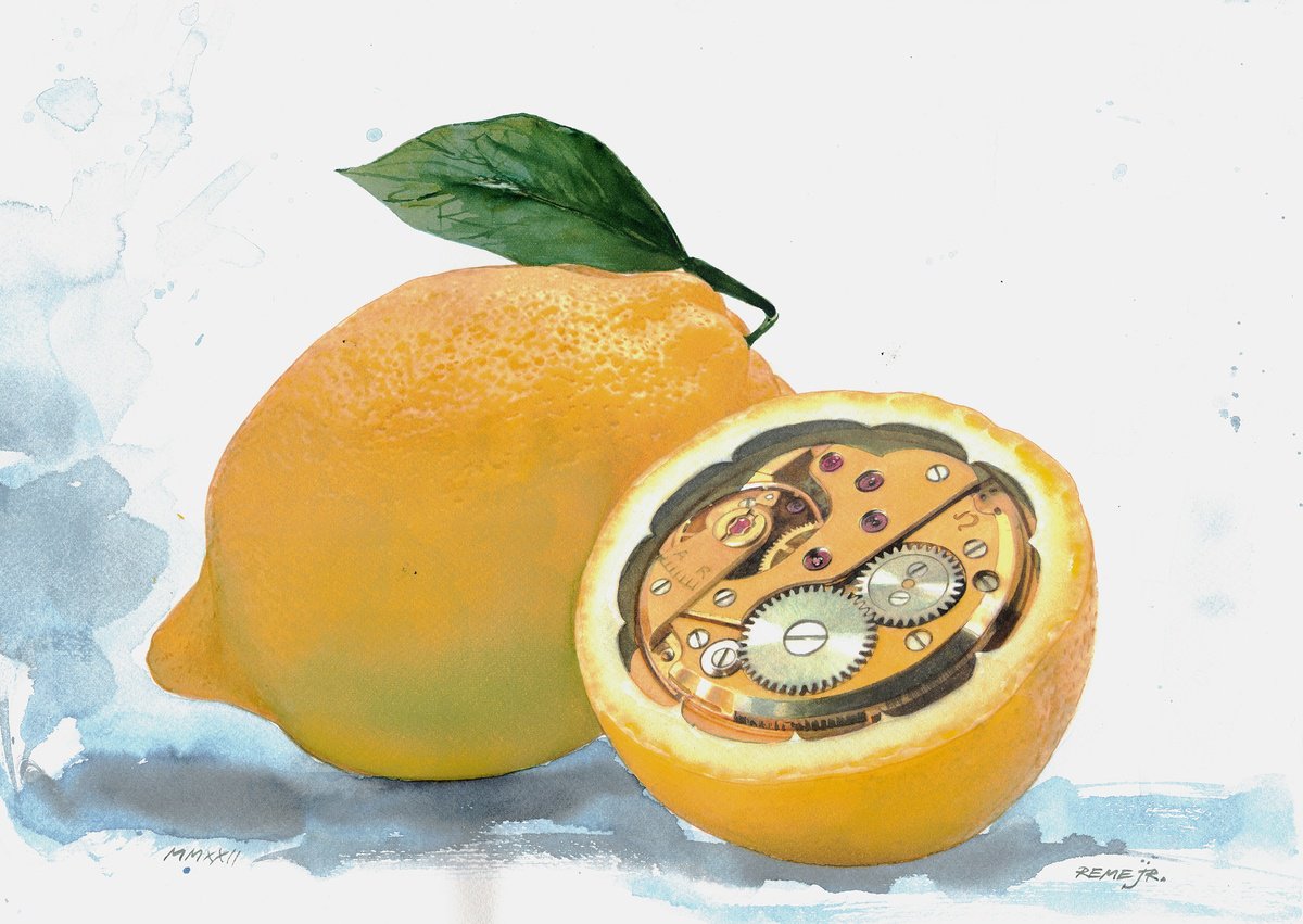 Photorealistic Still Life Watercolour By Reme Jr., 19 X 13", Lemon With Clockwise Mechanism, Original Artwork