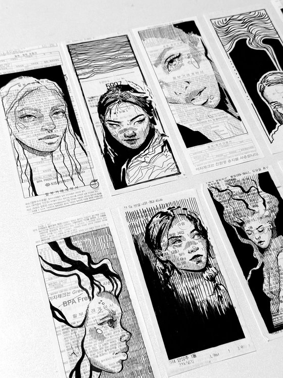 SKETCHES ON SHOP RECEIPTS. WOMAN PORTRAITS. SET OF 16