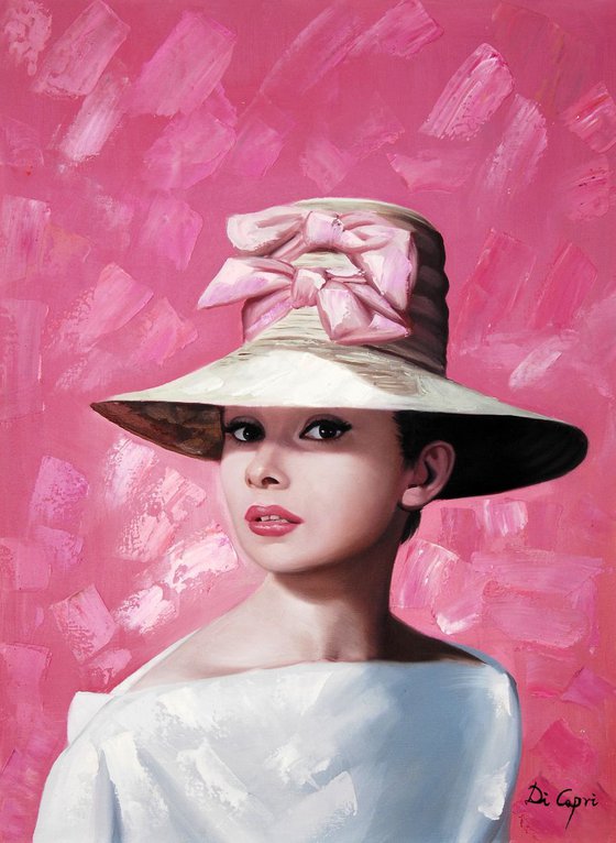 Audrey Hepburn Portrait “ Audrey Hepburn is cute in a pink hat”