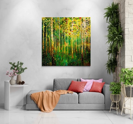 Abstract green forest, yellow red flowers with light reflections and bright sunbeams in Klimt style. Positive colorful wall art for home decor