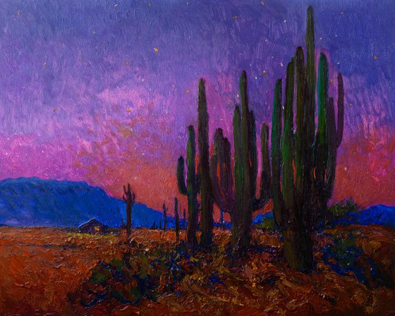 Twilight in the desert, Landscape with Saguaro Cactuses