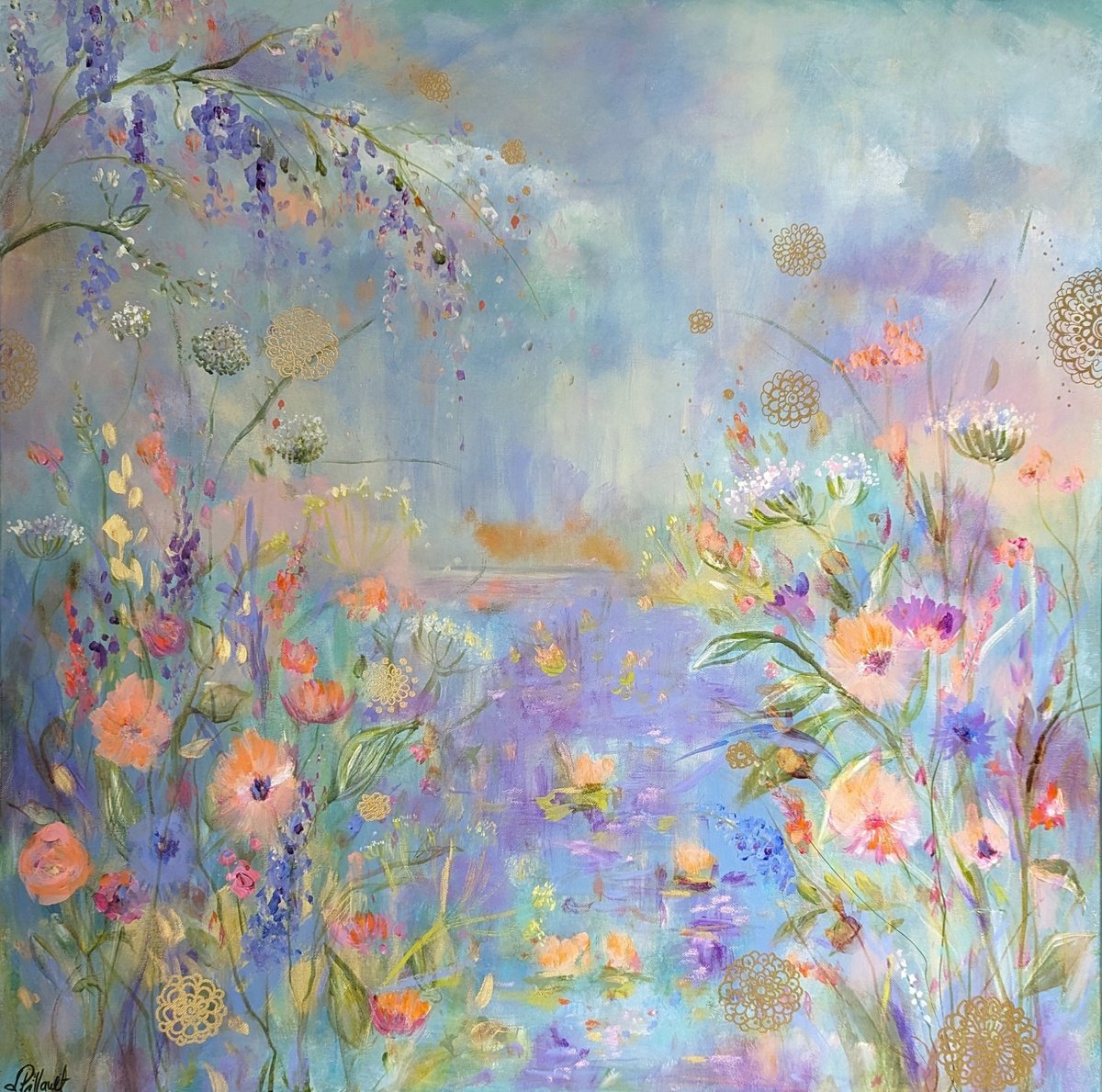 Impressionistic Landscape Acrylic Painting By Loetitia Pillault, 31 X 31", The Song Of The Pond., Original Artwork