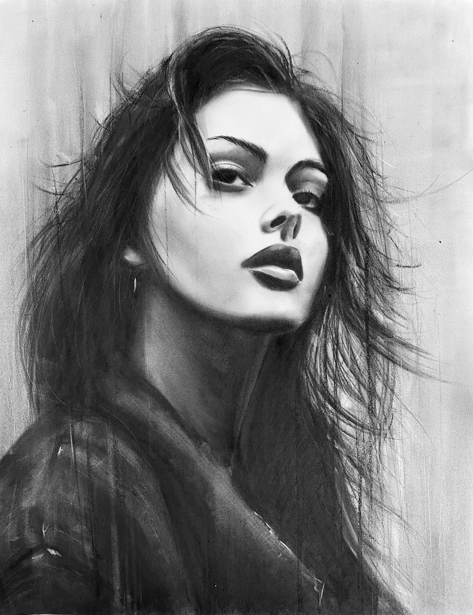 Photorealistic Portrait Charcoal Drawing By Denny Stoekenbroek, 20 X 26, Freya, Original Artwork