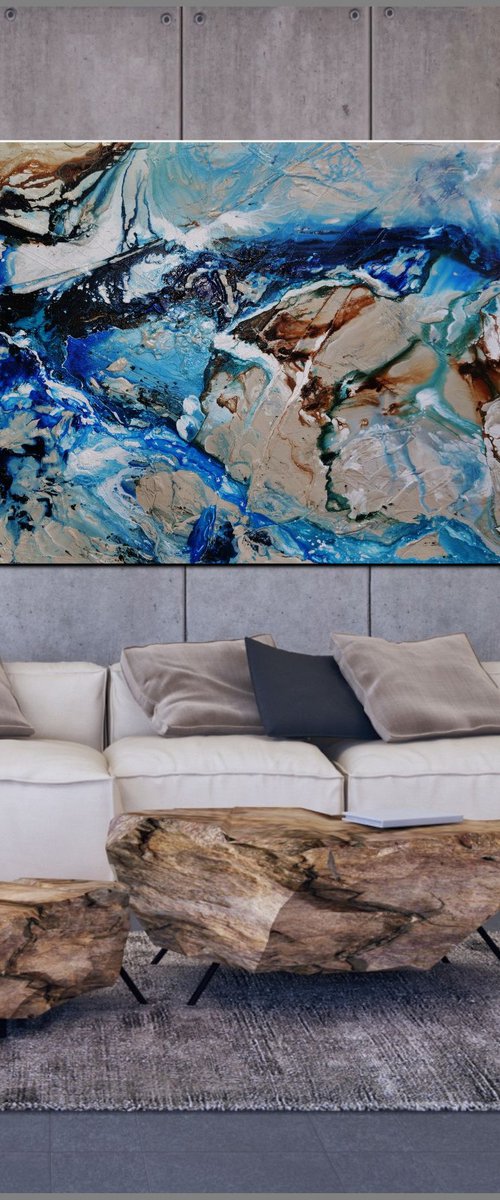 The Natural Grace 250cm x 150cm Blue Cream Abstract Art by Franko