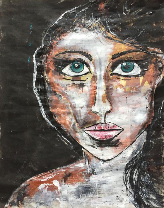 Take Me Home Face on Newspaper Woman Face Art Portraiture Beautiful Girl 37x29cm Artwork Gift Ideas Original Art Modern Art Contemporary Painting Abstract Art For Sale Free Shipping