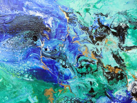 Modern abstract art blue green gold metallic painting, Summer vibes