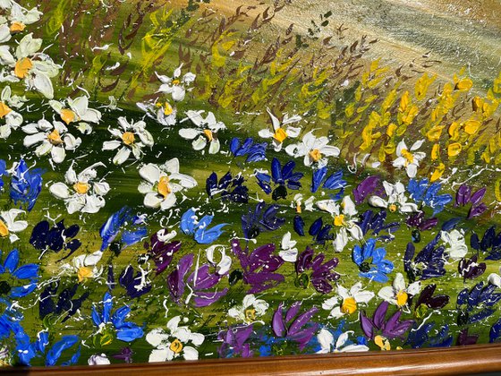 Ukraine Painting Impasto Original Art Wheat Field Artwork Daisy Oil Cornflowers Impasto Wall Art 32 by 21 by Halyna KIrichenko