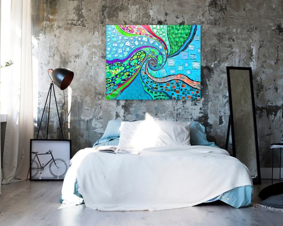 Large turquoise abstract painting. Vivid spiral abstract sea \ ocean wave.