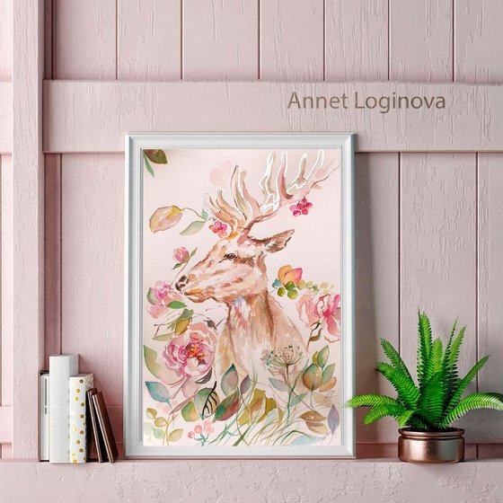 Romantic Deer Art. Watercolor original painting