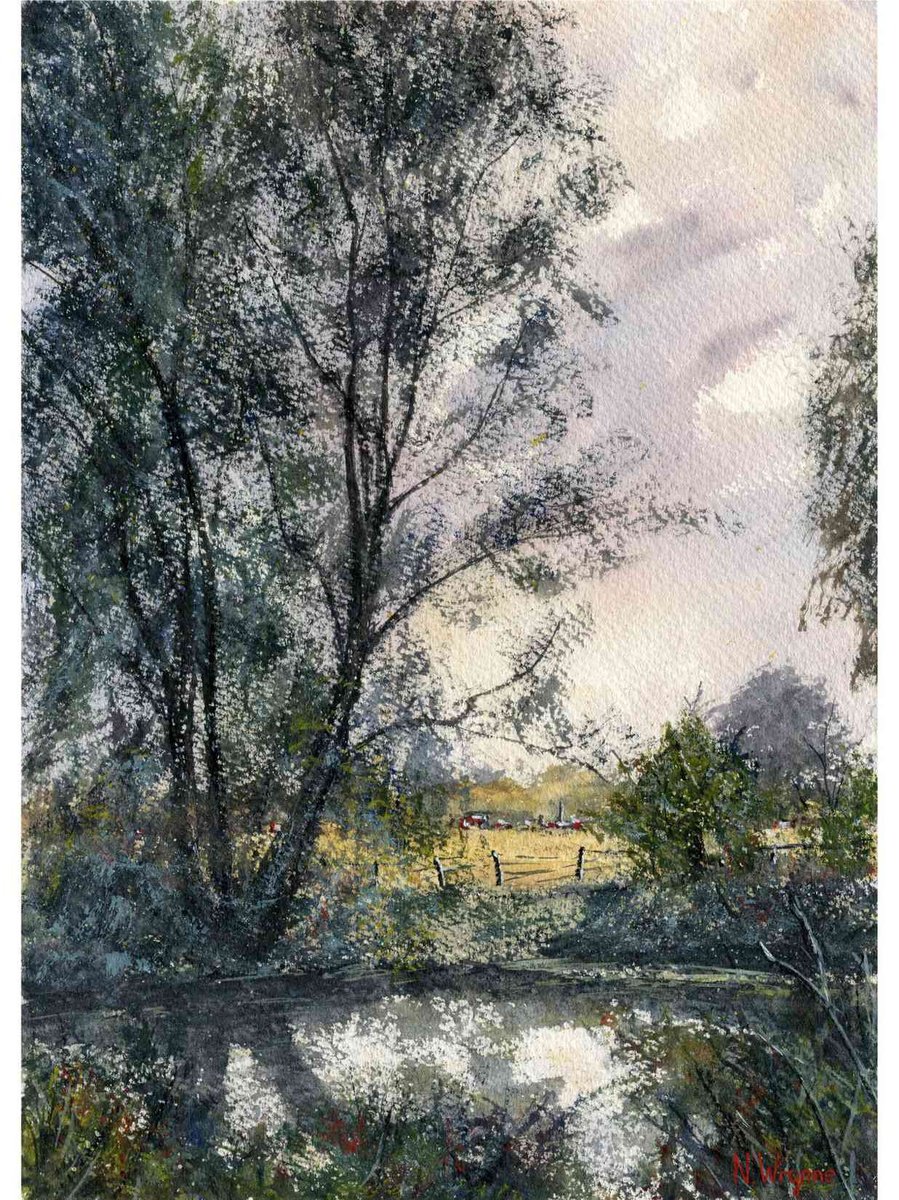Impressionistic Landscape Watercolour By Neil Wrynne, 11 X 15", Tree By The River, Original Artwork