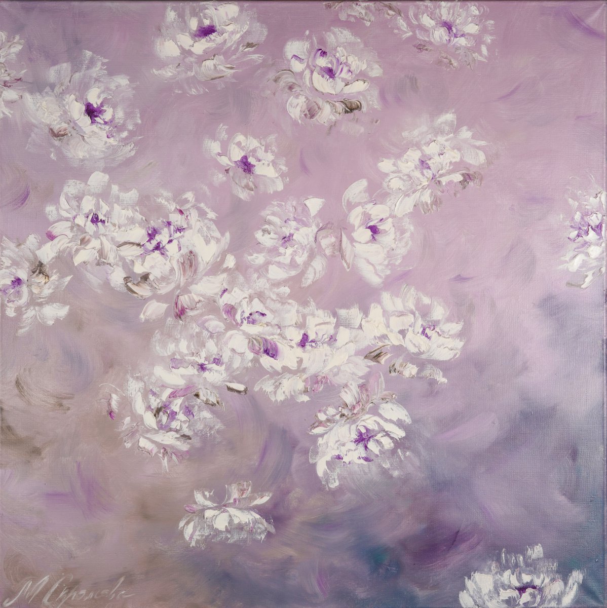 FOG IN THE GARDEN - White peonies. Abstract flowers. Shining peonies. Lilac tones. Haze. D... by Marina Skromova