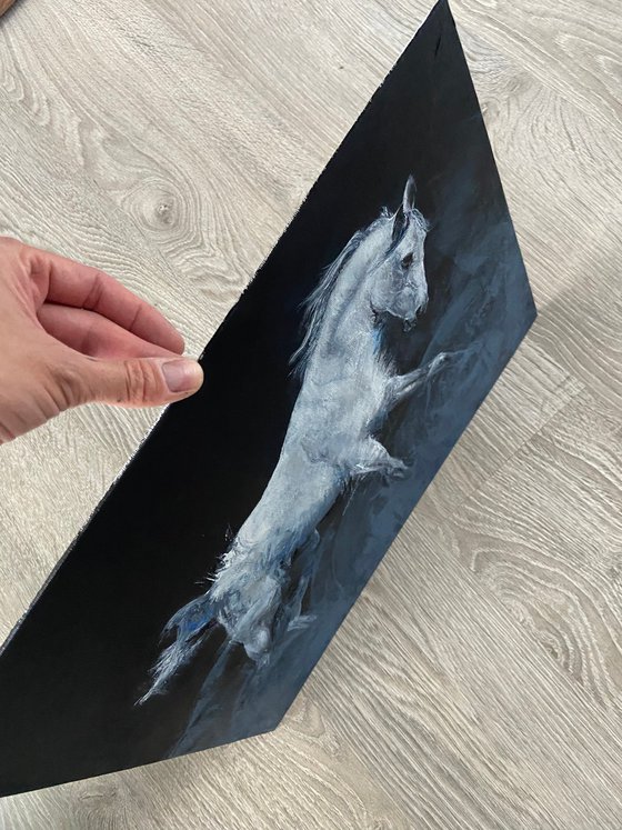 White horse on panel, original acrylic painting