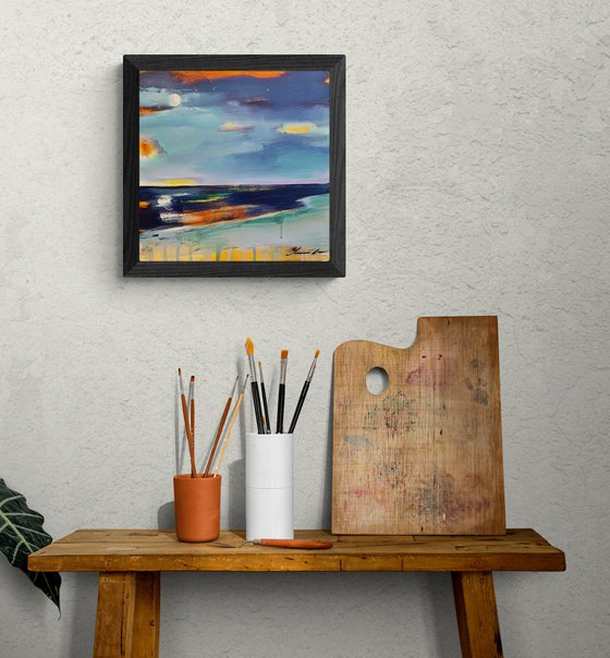 Minimalistic small landscape - "Orange sky" - Minimalism - Expressionist seascape - moon - sunset