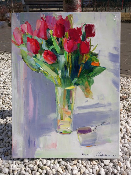 Tulips on white . Bouquet a la prima . Original oil painting