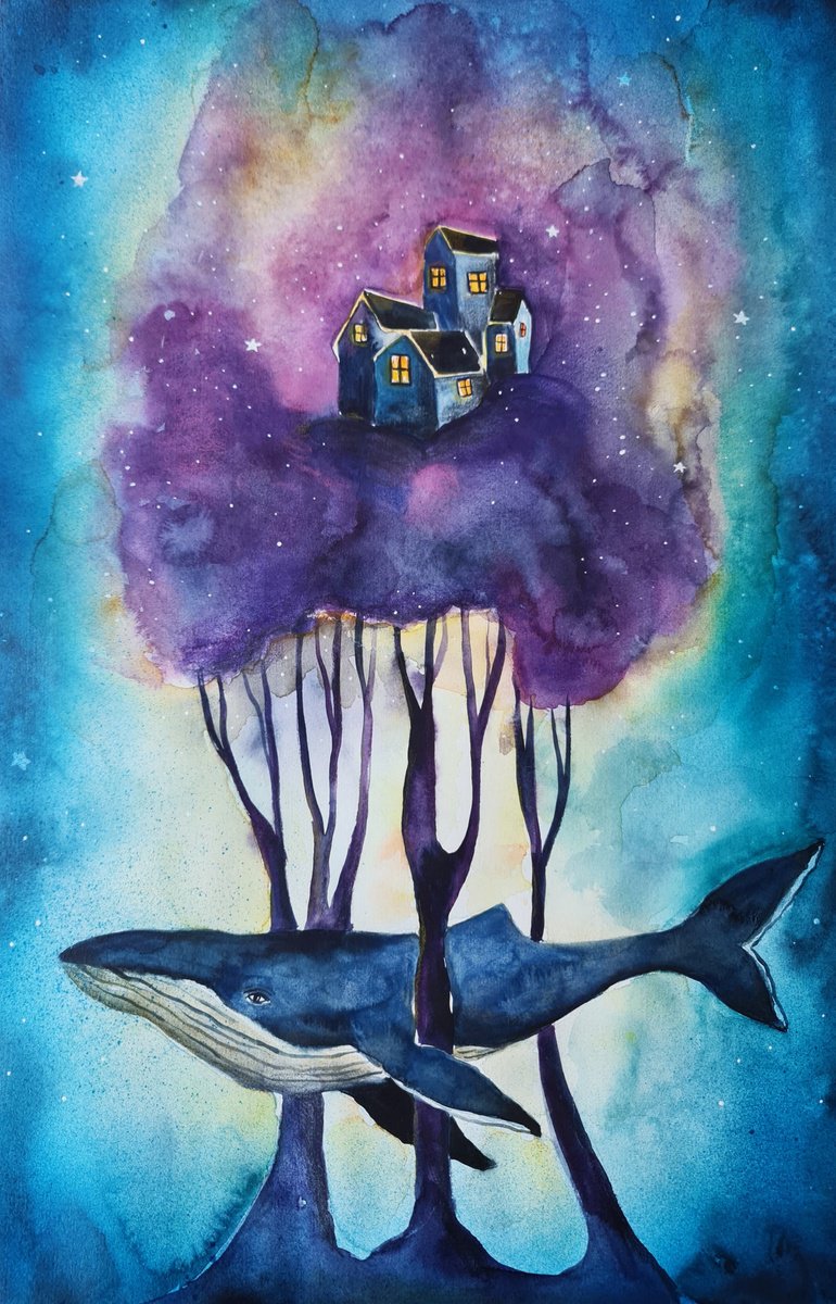 Surrealistic Landscape Watercolour By Evgenia Smirnova, 15 X 22, The Whale Who Carried The Sky, Original Artwork