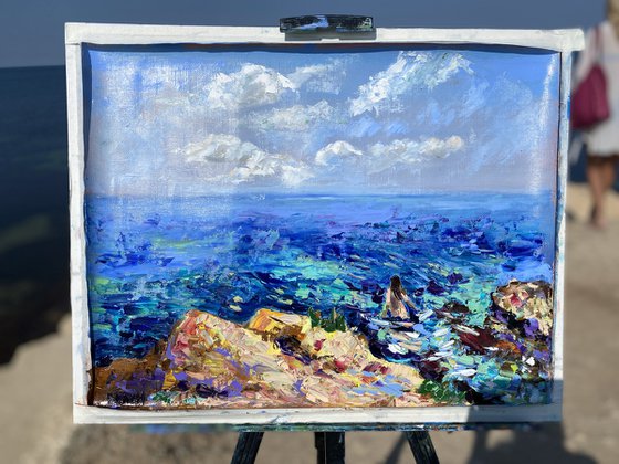 Secret Bathing - Crimea life, 47*37cm, impressionistic oil sea landscape painting