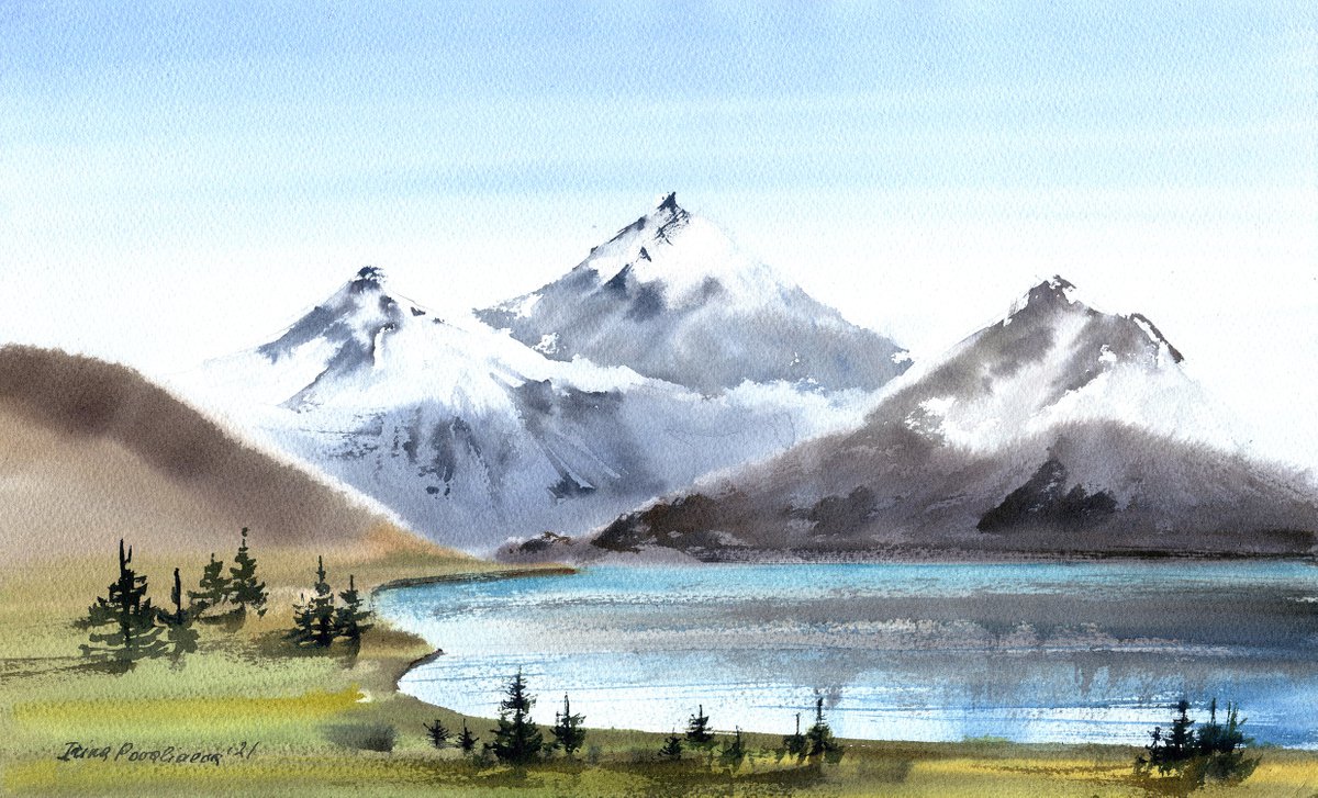 Mountains near the lake original watercolor landscape , scandinavian painting medium forma... by Irina Povaliaeva