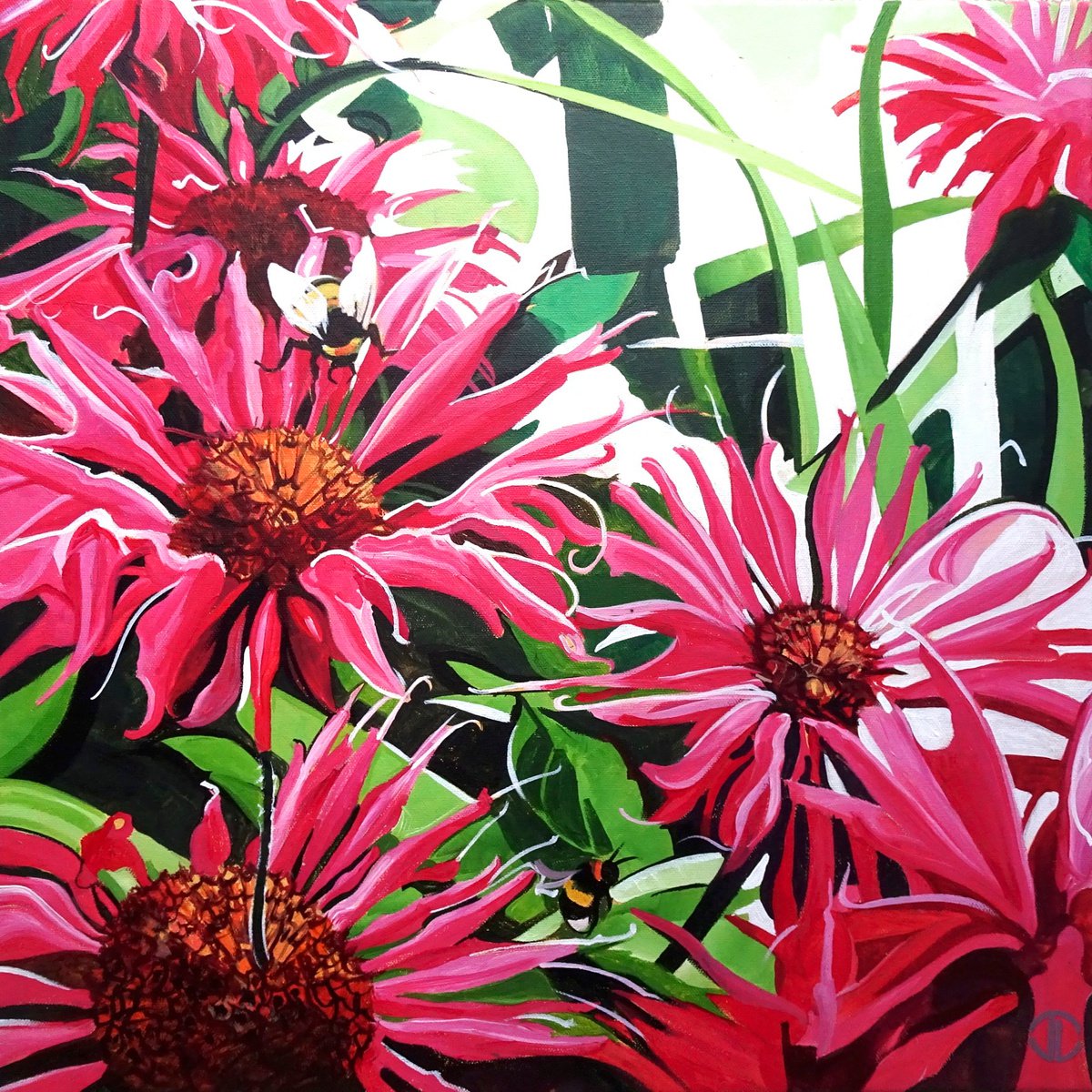 Impressionistic Botanical Acrylic Painting By Joseph Lynch, 20 X 20, Montarda Red And Bumblebees, Original Artwork