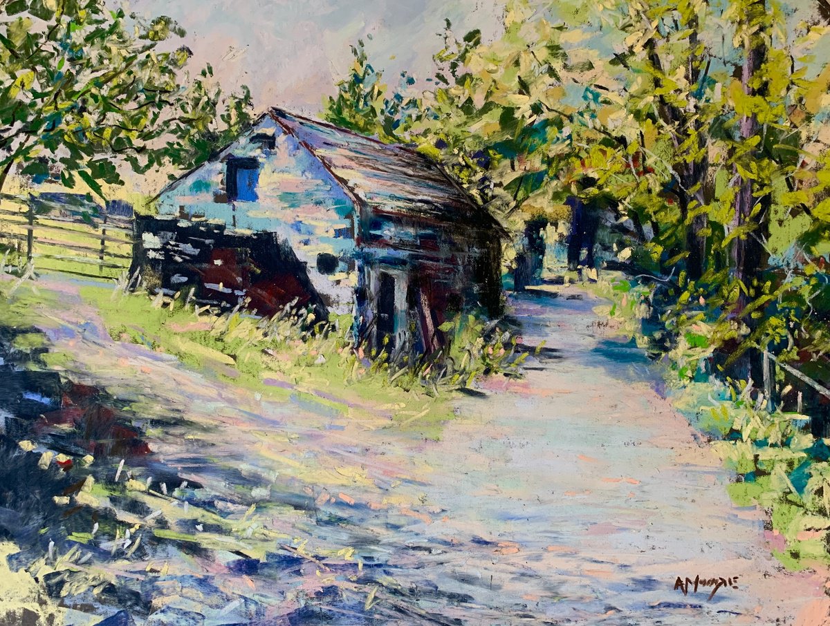 Impressionistic Landscape Pastel Drawing By Andrew Moodie, 16 X 12, Barn In High Summer, Original Artwork