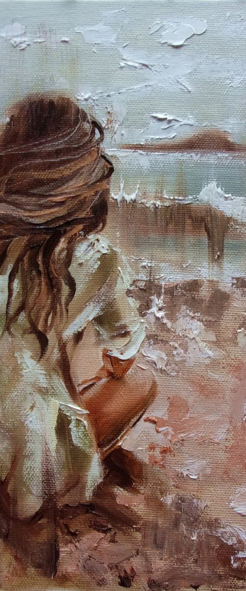 " HOT SUNDAY ... " original painting SEA SPRING palette knife GIFT by Monika Luniak