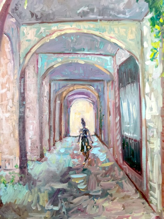 Impressionist urban scene 'Shopping under the arcades'