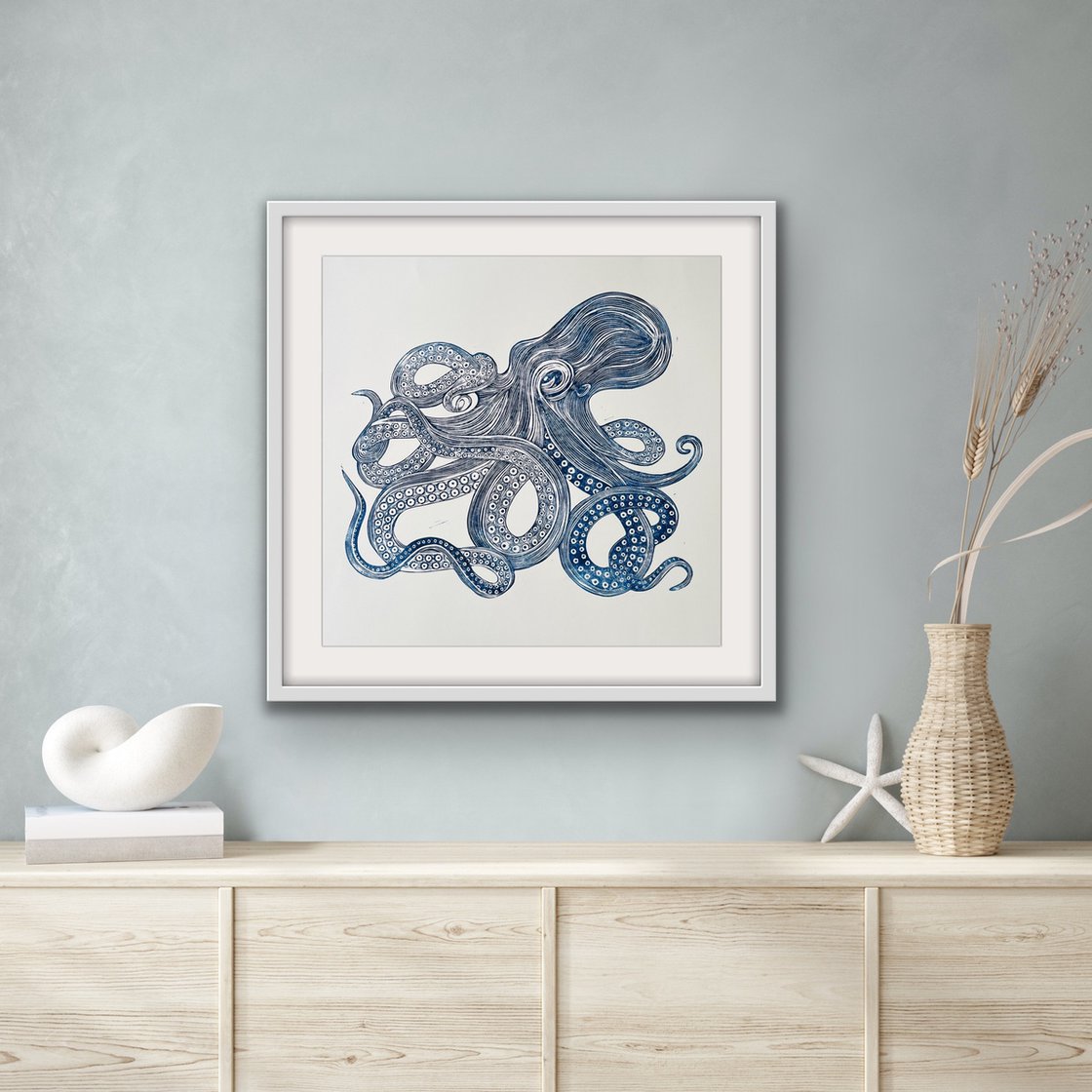 Blue Octopus Linocut Linocut by Amy Cundall | Artfinder