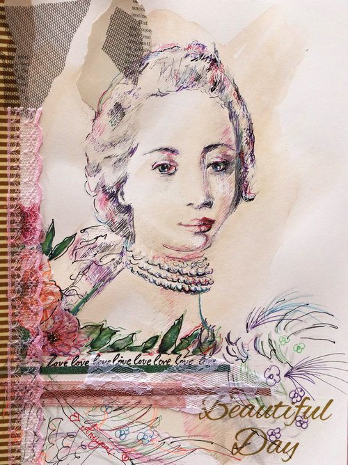 Rococo  Woman - Portrait mixed media drawing on paper by Antigoni Tziora