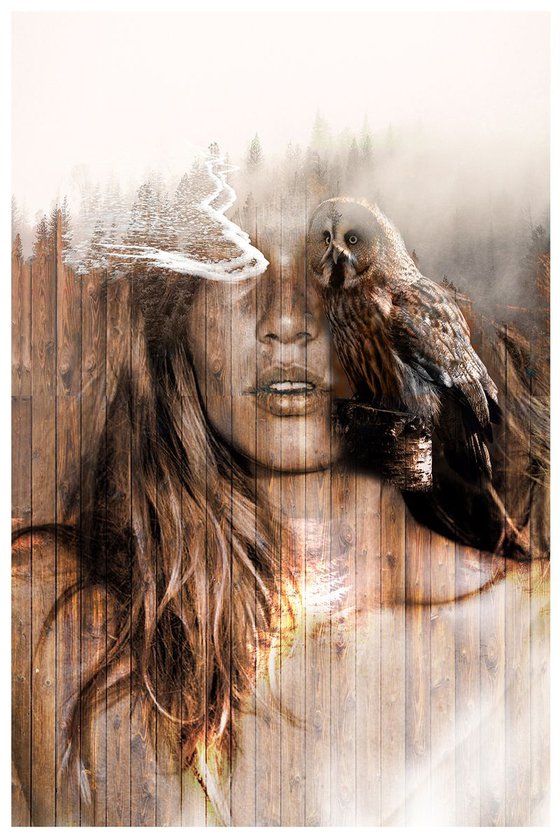 The girl with an Owl CANVAS Digital 120 cm x 80 cm