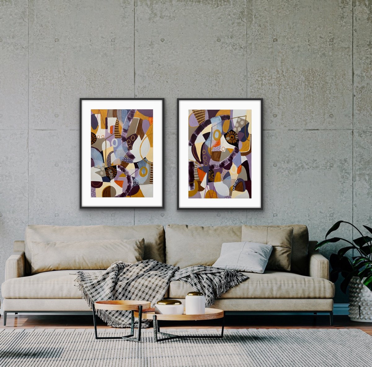 Organic Abstract Acrylic Painting By Rashna Hackett, 20 X 27", Honeysuckle (Diptych), Original Artwork