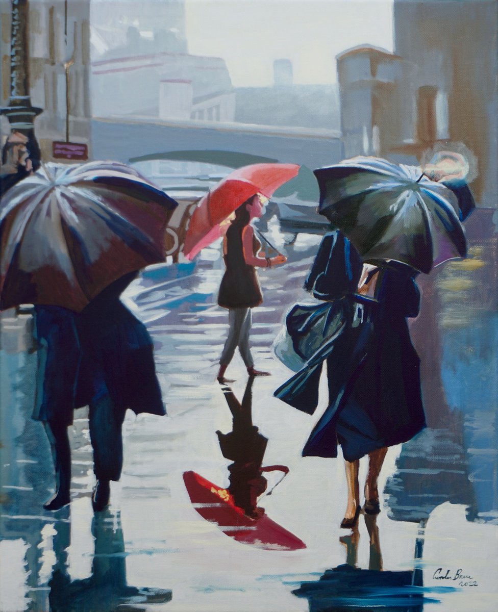 Impressionistic Cityscapes Oil Painting By Gordon Bruce, 16 X 20, The Red Umbrella, Original Artwork