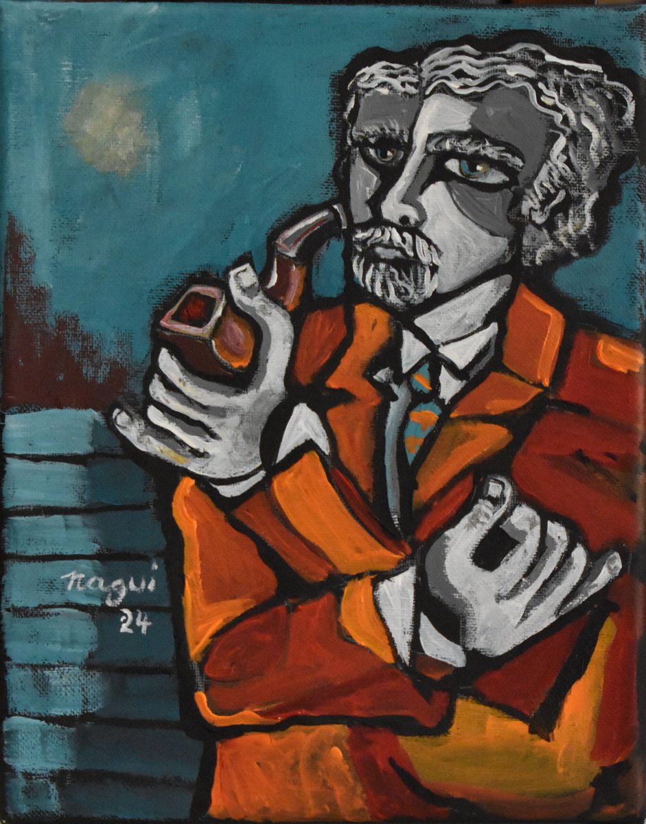 Expressive Portrait Acrylic Painting By Nagui, 8 X 10", Man And Pipe, Original Artwork
