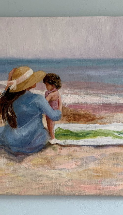 Motherhood-Impressionist beach figure oil painting. 50x70cm. by Jackie Smith