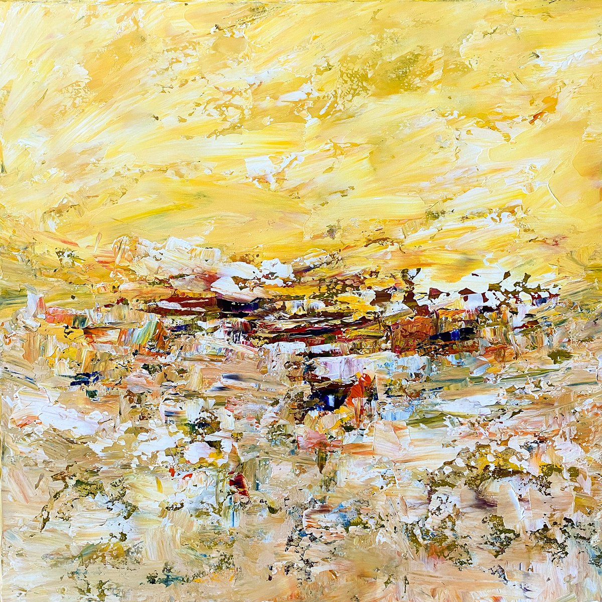 Expressive Abstract Acrylic Painting By Arti Chauhan, 25 X 25, Buttery Yellow Sky Abstract, Original Artwork